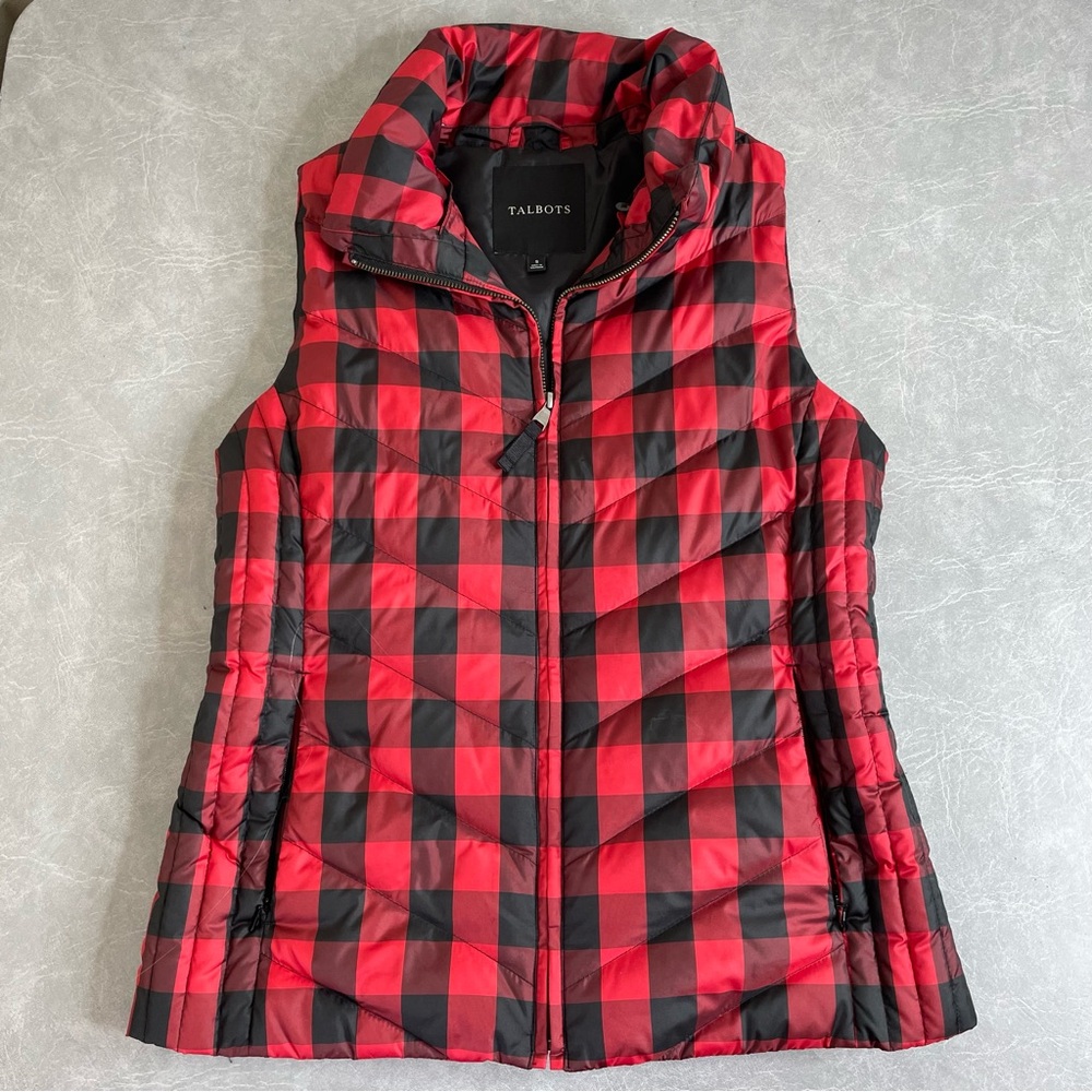 Talbots Red and Black Buffalo Plaid Quilted Down Puffer Vest